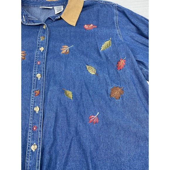 VTG‎ 90s Bobbie Brooks Denim Shirt Womens 22/24W Embroidered Leaves Fall Autumn - Picture 4 of 10